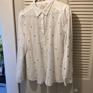 Loft Button Down Front White Blouse With Embroidered Strawberries.